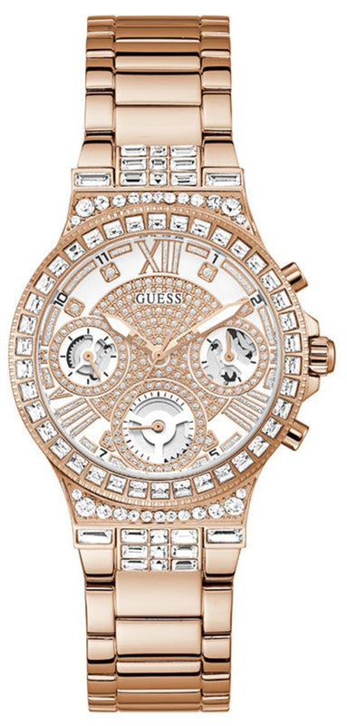 Guess Moonlight Multi Function Diamonds White Dial Rose Gold Steel Strap Watch for Women - GW0320L3 Buy Now By Guess