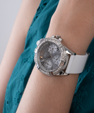Guess Frontier Diamonds Silver Dial White Rubber Strap Watch For Women - W1160L4 Buy Now By Guess