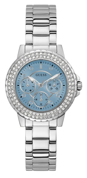 Guess Crown Jewel Diamonds Blue Dial Silver Steel Strap Watch for Women - GW0410L1 Buy Now By Guess