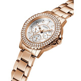 Guess Crown Jewel Multifunction Diamonds White Dial Rose Gold Steel Strap Watch For Women - GW0410L3 Buy Now By Guess