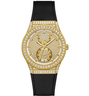 Guess Princess Crystals Gold Dial Black Silicone Strap Watch For Women - GW0439L2 Buy Now By Guess