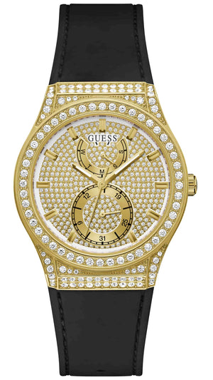 Guess Princess Crystals Gold Dial Black Silicone Strap Watch For Women - GW0439L2 Buy Now By Guess