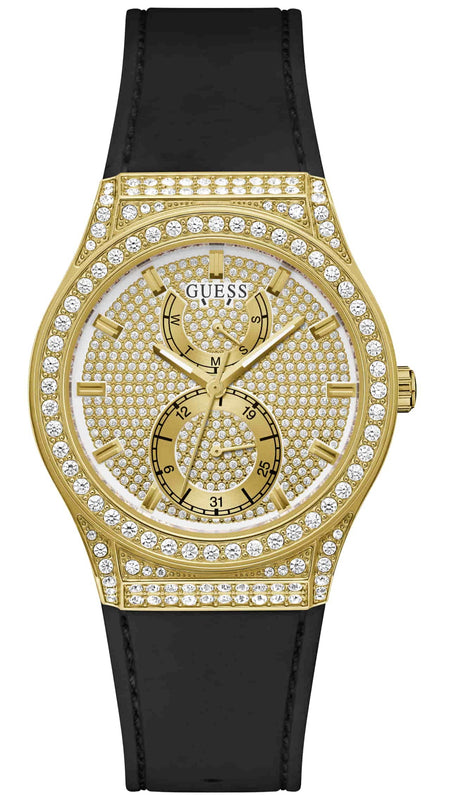 Guess Princess Crystals Gold Dial Black Silicone Strap Watch For Women - GW0439L2 Buy Now By Guess
