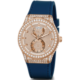 Guess Multifunction Crystals Rose Gold Dial Blue Rubber Strap Watch For Women - GW0439L4 Buy Now By Guess