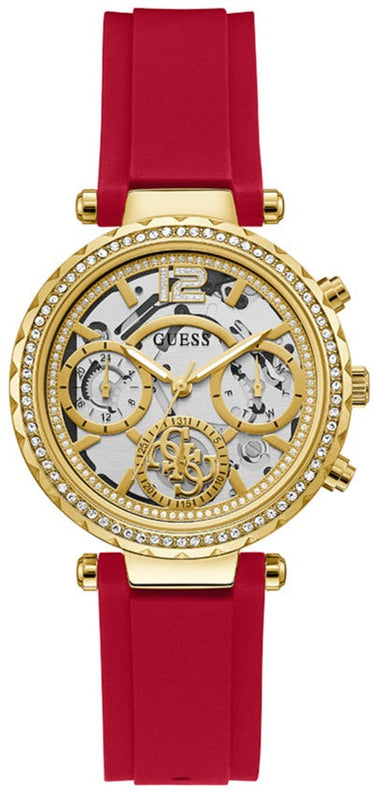 Guess Solstice Diamonds Gold Dial Red Rubber Strap Watch for Women - GW0484L1 Buy Now By Guess