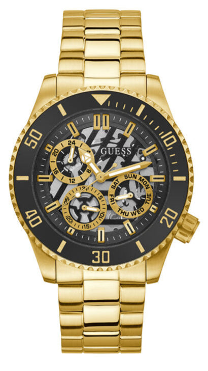 Guess Axle Multifunction Black Dial Gold Steel Strap Watch For Men - GW0488G2 Buy Now By Guess