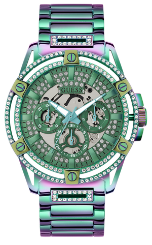 Guess King Iridescent Multifunction Multicolor Dial Purple Steel Strap Watch For Men - GW0497G3 Buy Now By Guess