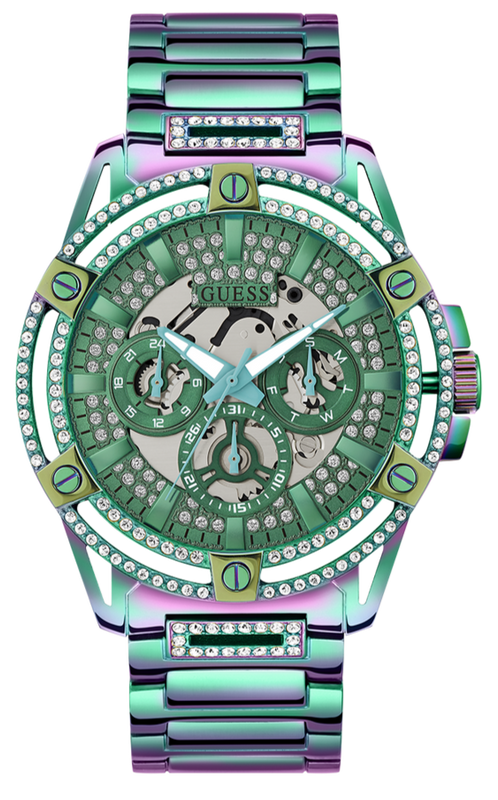 Guess King Iridescent Multifunction Multicolor Dial Purple Steel Strap Watch For Men - GW0497G3 Buy Now By Guess