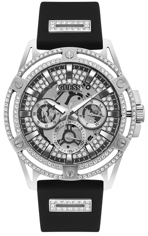 Guess King Quartz Crystals Silver Dial Black Silicone Strap Watch For Men - GW0537G1 Buy Now By Guess