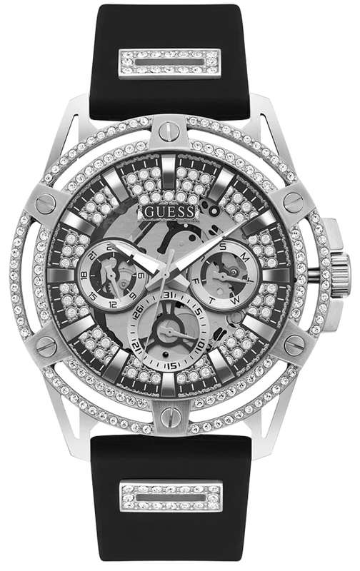 Guess King Quartz Crystals Silver Dial Black Silicone Strap Watch For Men - GW0537G1 Buy Now By Guess