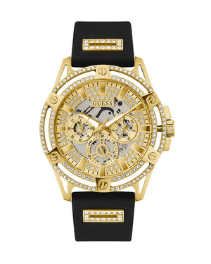 Guess King Quartz Crystals Gold Dial Black Silicone Strap Watch For Men - GW0537G2 Buy Now By Guess