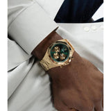 Guess Equity Analog Green Dial Gold Steel Strap Watch For Men - GW0703G2 Buy Now By Guess
