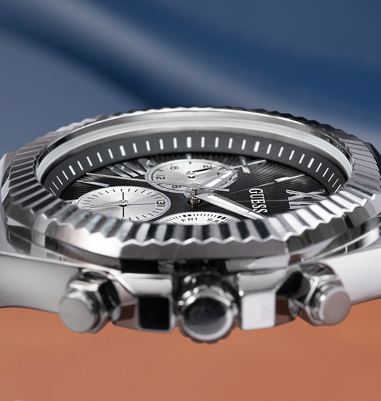 Guess Equity Analog Black Dial Silver Steel Strap Watch For Men - GW0703G1 Buy Now By Guess