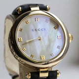 Gucci Diamantissima Quartz Mother of Pearl Dial Black Leather Strap Watch for Women - YA141404 Buy Now By Gucci