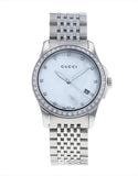 Gucci G Timeless Diamonds Mother of Pearl Dial Silver Steel Strap Watch For Women - YA126506 Buy Now By Gucci