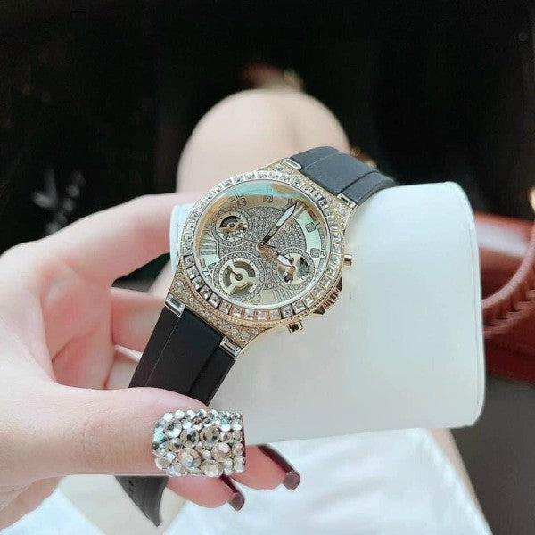 Guess Moonlight Crystals Silver Dial Black Silicone Strap Watch For Women - GW0257L1 Buy Now By Guess