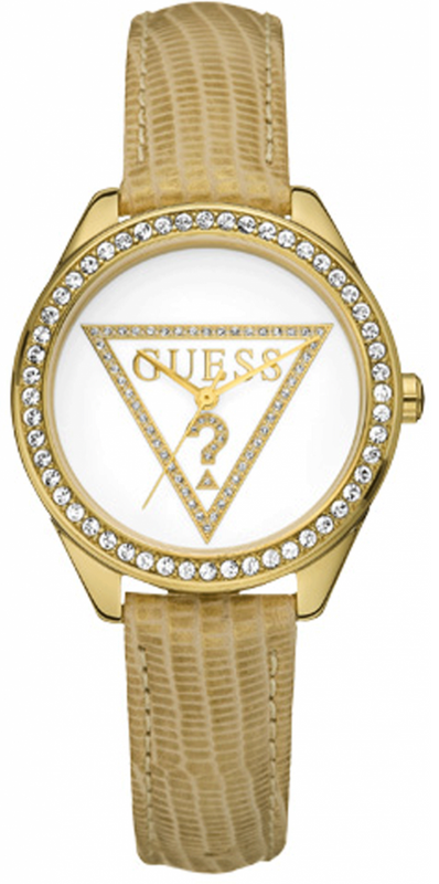 Guess Mini Triangle Quartz White Dial Gold Leather Strap Watch For Women - W70015l1 Buy Now By Guess