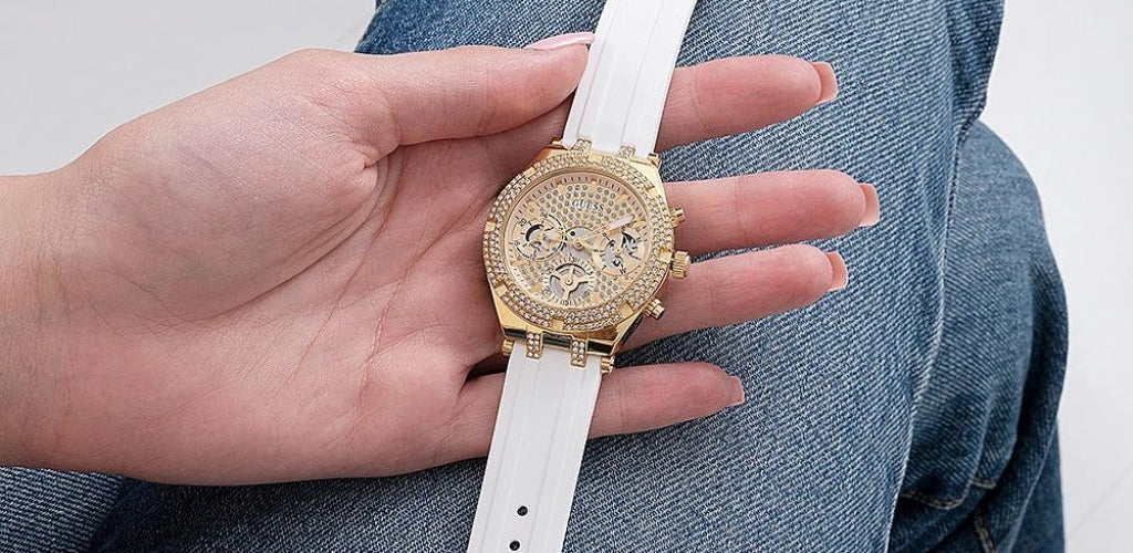 Guess Queen Quartz Gold Dial White Silicone Strap Watch For Women - GW0536L2 Buy Now By Guess