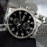 Hugo Boss Aeroliner Chronograph Quartz Black Dial Silver Steel Strap Watch For Men - HB1512446 Buy Now By Hugo Boss