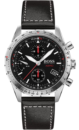 Hugo Boss Aero Chronograph Black Dial Black Leather Strap Watch for Men - 1513770 Buy Now By Hugo Boss