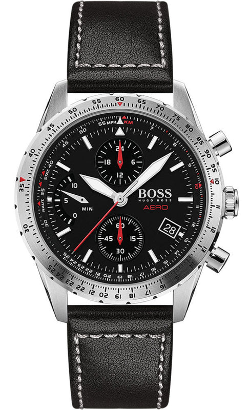 Hugo Boss Aero Chronograph Black Dial Black Leather Strap Watch for Men - 1513770 Buy Now By Hugo Boss