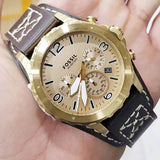 Fossil Nate Chronograph Gold Dial Brown Leather Strap Watch for Men - JR1495 Buy Now By Fossil