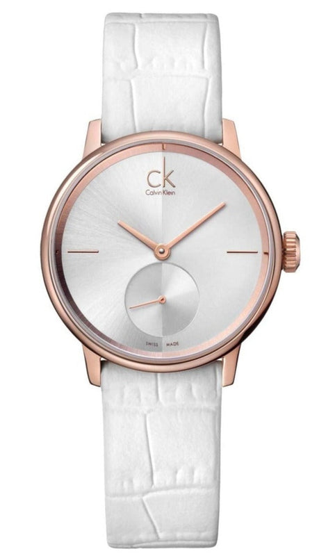 Calvin Klein Accent Silver Dial White Leather Strap Watch for Women - K2Y236K6 Buy Now By Calvin Klein