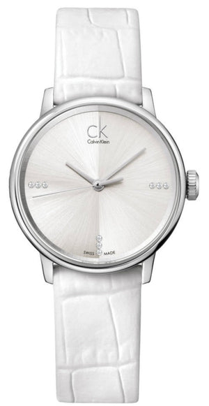 Calvin Klein Accent Silver Dial White Leather Strap Watch for Women - K2Y2Y1KW Buy Now By Calvin Klein