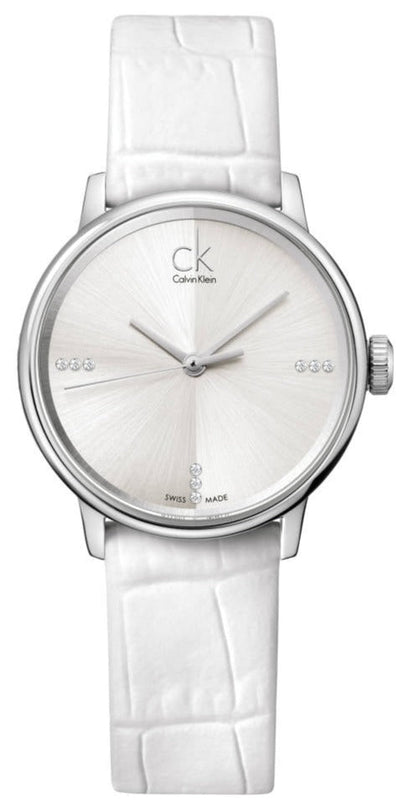 Calvin Klein Accent Silver Dial White Leather Strap Watch for Women - K2Y2Y1KW Buy Now By Calvin Klein