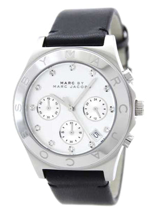 Marc Jacobs Blade Chronograph White Dial Black Leather Strap Watch for Women - MBM1189 Buy Now By Marc Jacobs