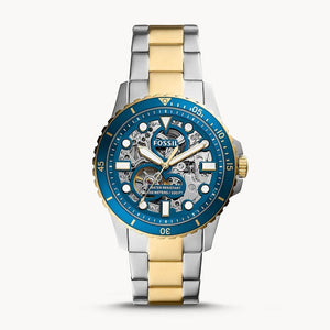 Fossil FB-01 Automatic Skeleton Blue Dial Two Tone Steel Strap Watch for Men - ME3191 Buy Now By Fossil