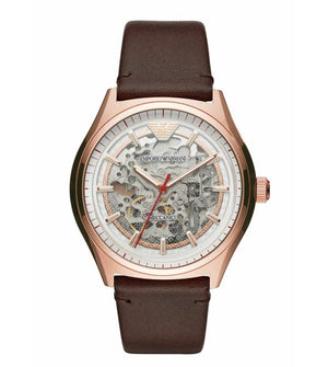 Emporio Armani Meccanico White Skeleton Dial Brown Leather Strap Watch For Men - AR60005 Buy Now By Emporio Armani