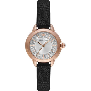 Emporio Armani Mia Three Hand Crystals Silver Dial Black Leather Strap Watch For Women - AR11631 Buy Now By Emporio Armani