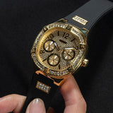 Guess Duchess Crystals Gold Dial Black Silicon Strap Watch For Women - GW0619L2 Buy Now By Guess
