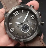 Fossil Nate Chronograph Grey Dial Brown Leather Strap Watch for Men - JR1424