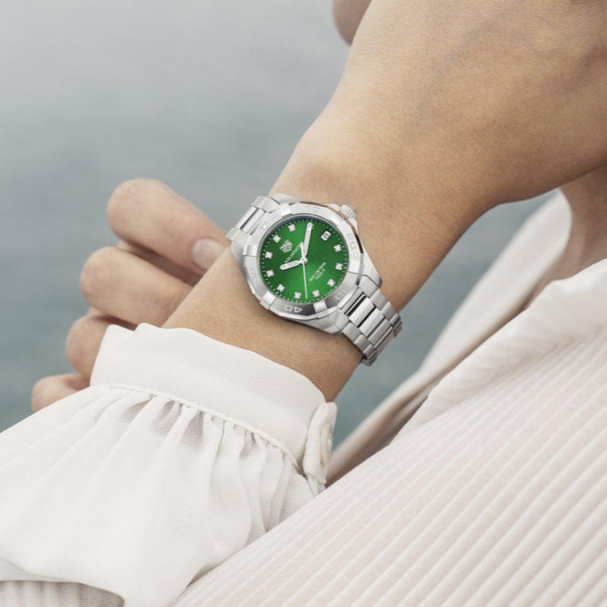 Tag Heuer Aquaracer Diamonds Emerald Green Dial Silver Steel Strap Watch for Women - WBD1316.BA0740 Buy Now By Tag Heuer