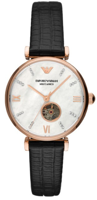 Emporio Armani Gianni T Bar Mother of Pearl White Dial Black Leather Strap Watch For Women - AR60047 Buy Now By Emporio Armani