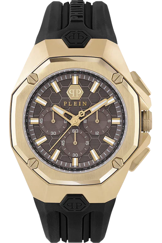 Philipp Plein Hyper Sport Chronograph Gold Dial Black Silicone Strap Watch for Men - PWTBA0423 Authentic Buy Shop Now