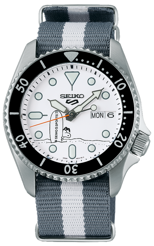Seiko 5 Sports x Peanuts Surfboard Snoopy Limited Edition White Dial Two Tone NATO Strap Watch For Men - SRPK25K1 Buy Now By Seiko