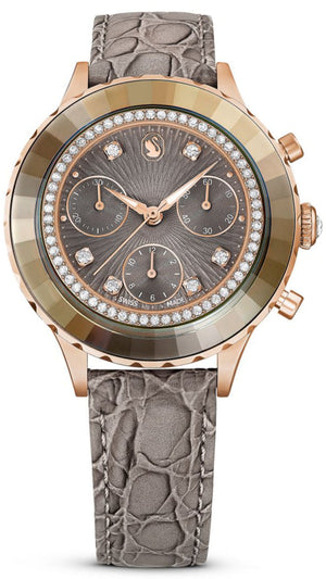 Swarovski Octea Chrono Grey Dial Grey Leather Strap Watch for Women - 5671153 Buy Now By Swarovski