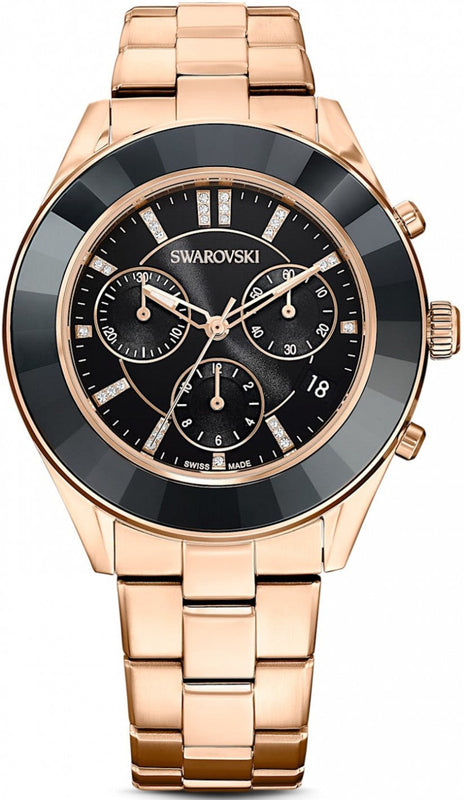 Swarovski Octea Lux Sport Chronograph Black Dial Rose Gold Steel Strap Watch for Women - 5610478 Buy Now By Swarovski