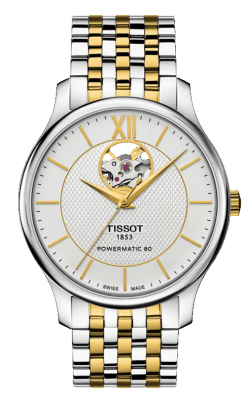 Tissot Tradition Powermatic 80 Open Heart Silver Dial Two Tone Steel Strap Watch For Men - T063.907.22.038.00 Buy Now By Tissot