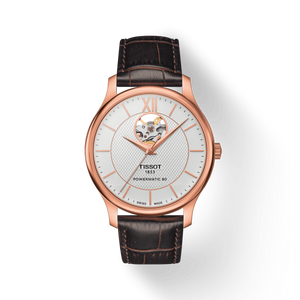Tissot Tradition Powermatic 80 Open Heart Silver Dial Brown Leather Strap Watch For Men - T063.907.36.038.00 Buy Now By Tissot
