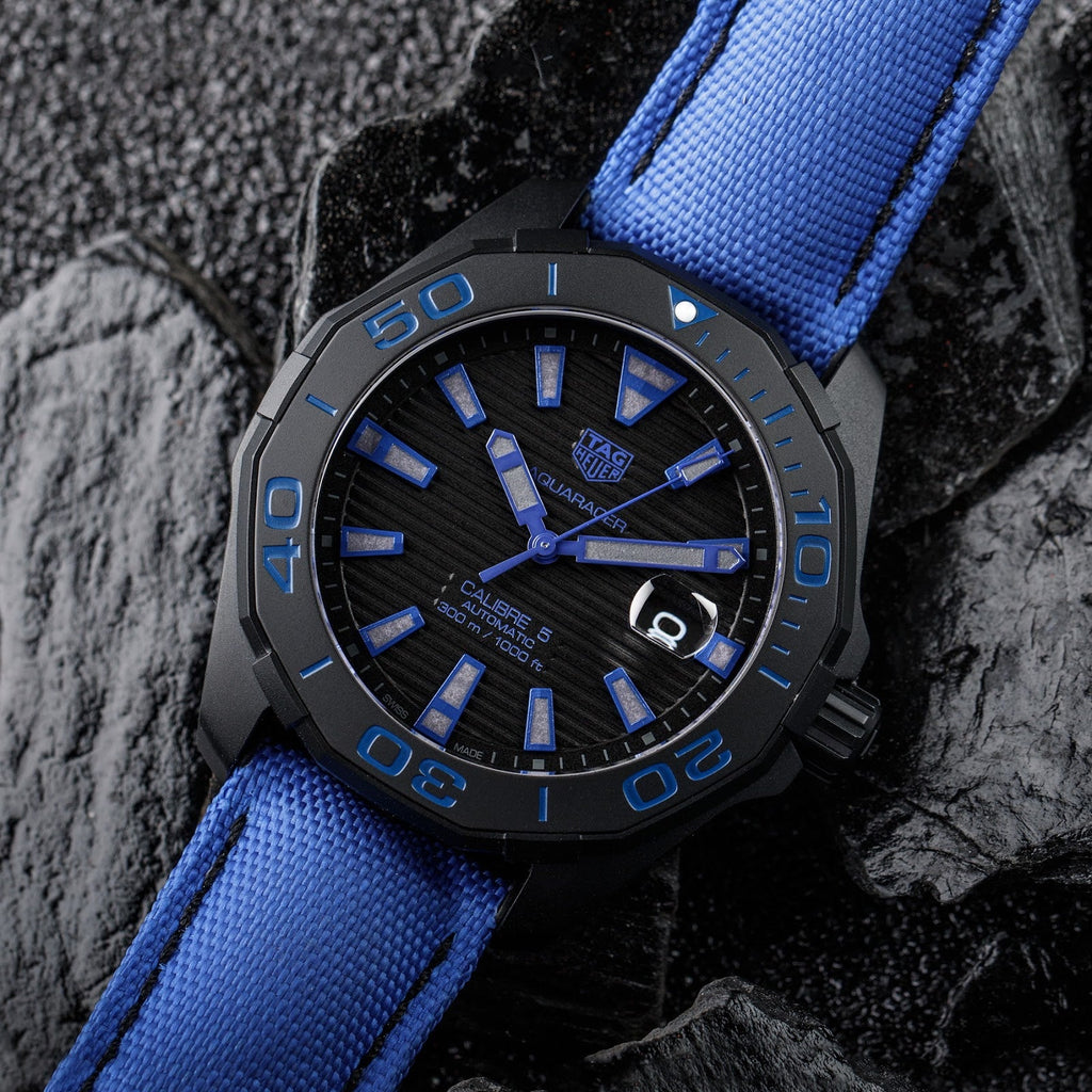 Tag Heuer Aquaracer Calibre 5 Automatic Titanium Blue Dial Blue Nylon Strap Watch for Gents - WAY208B.FC6382 Buy Now By Tag Heuer
