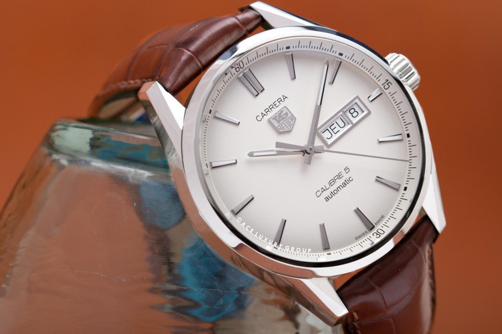Tag Heuer Carrera Calibre 5 Automatic White Dial Brown Leather Strap Watch for Men - WAR201B.FC6291 Buy Now By Tag Heuer