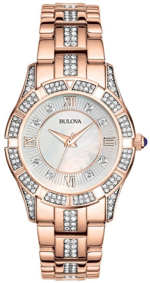 Bulova Crystal Mother of Pearl Dial Rose Gold Steel Strap Watch for Women - 98L197 Buy Now By Bulova