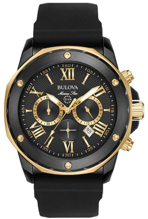 Bulova Marine Star Chronograph Black Dial Black Rubber Strap Watch for Men - 98B278 Buy Now By Bulova
