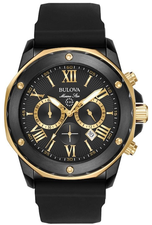 Bulova Marine Star Chronograph Black Dial Black Rubber Strap Watch for Men - 98B278 Buy Now By Bulova