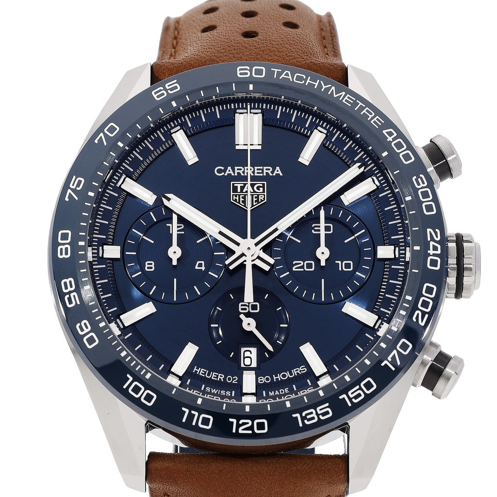 Tag Heuer Carrera Automatic Chronograph Blue Dial Brown Leather Strap Watch for Men - CBN2A1A.FC6537 Buy Now By Tag Heuer