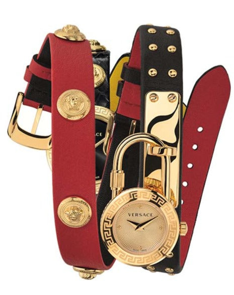 Versace Medusa Lock Icon Gold Dial Red Leather Strap Watch for Women - VEDW00119 Buy Now By Versace